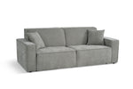 Grey fabric 3-seater sofabed with back cushions and padded side panels