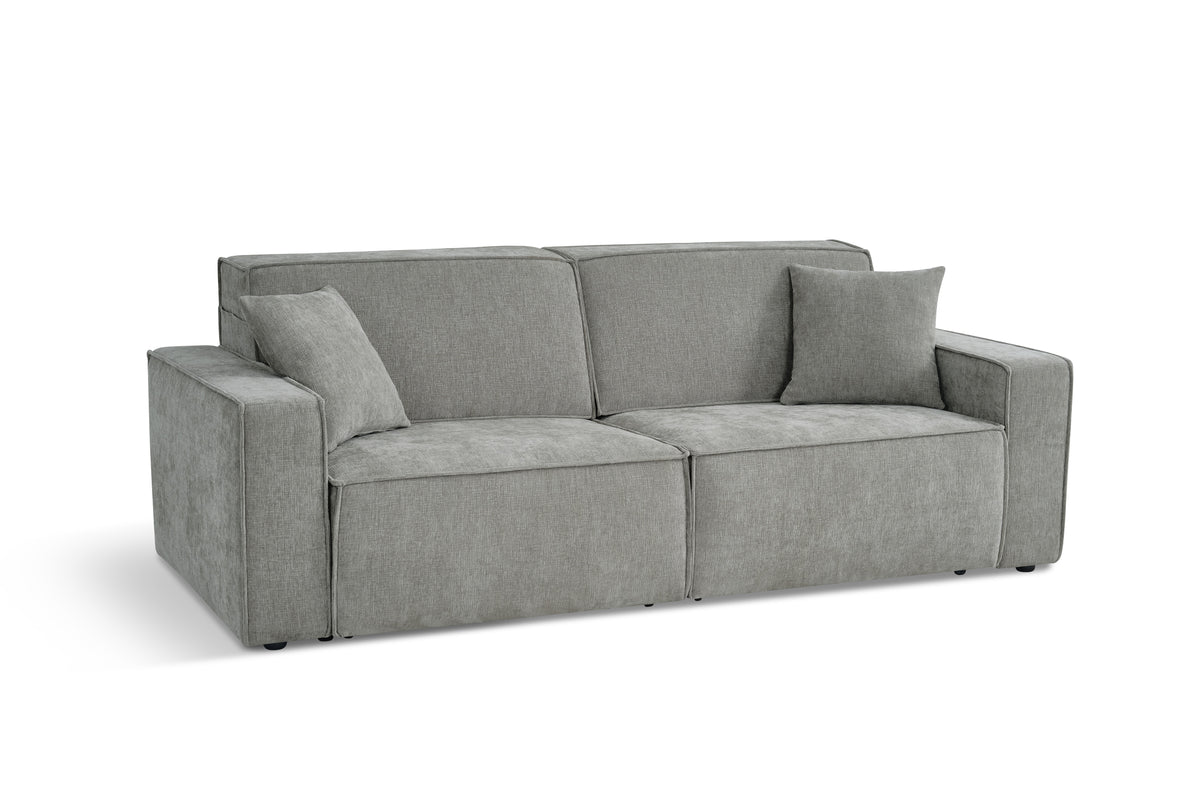 Grey fabric 3-seater sofabed with back cushions and padded side panels