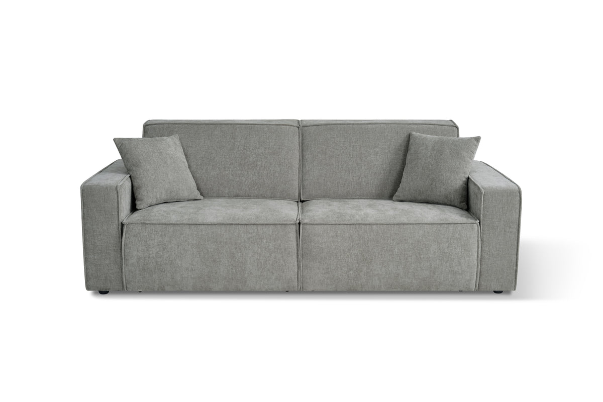 Grey fabric 3-seater sofabed with two-seat back, rounded arms, and tufted look