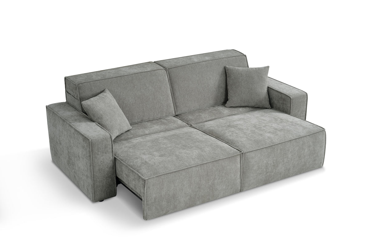 Grey fabric 3-seater electric sofabed shown extended with chaise and seat cushions