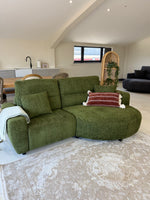Green fabric electric recliner sofa corner with stacked cushions