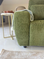 Green fabric recliner sofa armrest with corner panel and tapered legs