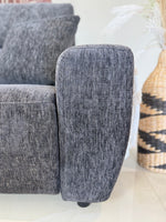 Grey fabric recliner sofa corner armrest with rounded back and feet