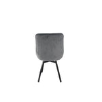 Grey velvet upholstered accent chair with square rounded back and black legs