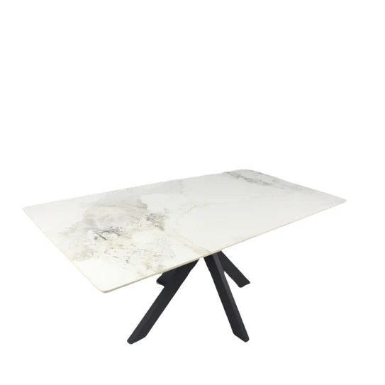 Marble-pattern ceramic table with angled black legs and light rectangular top