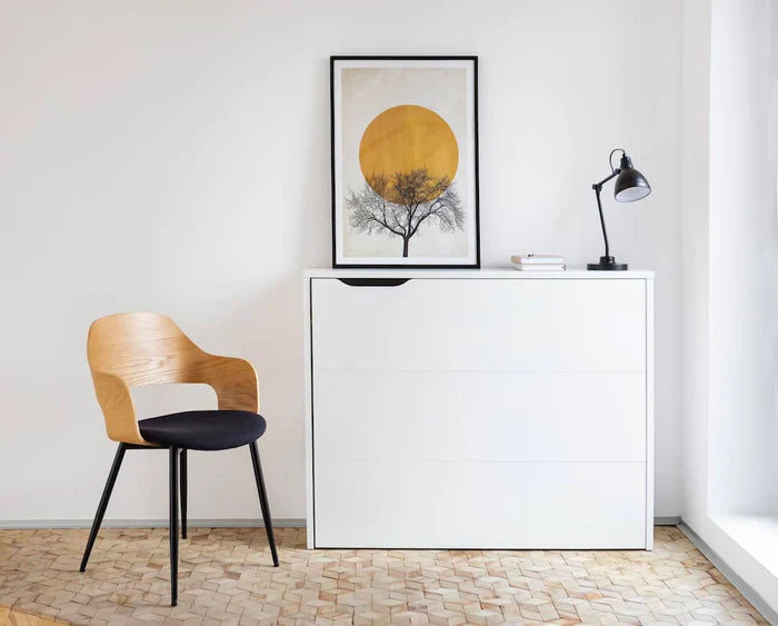 White storage desk cabinet with drawer-style front and open top