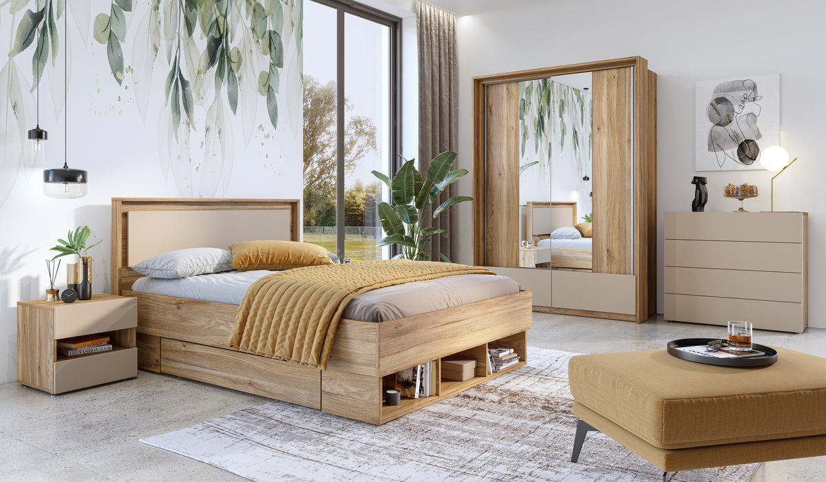Sliding door wardrobe with two drawers and mirrored sliding doors, light oak finish