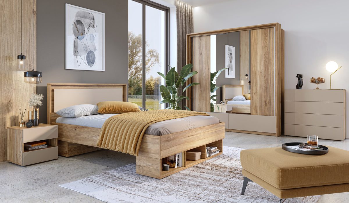 Sima bedside table with two storage drawers and wood-look side panels