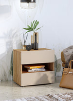 Bedside table with beige drawer fronts, open shelf, and wood-grain frame