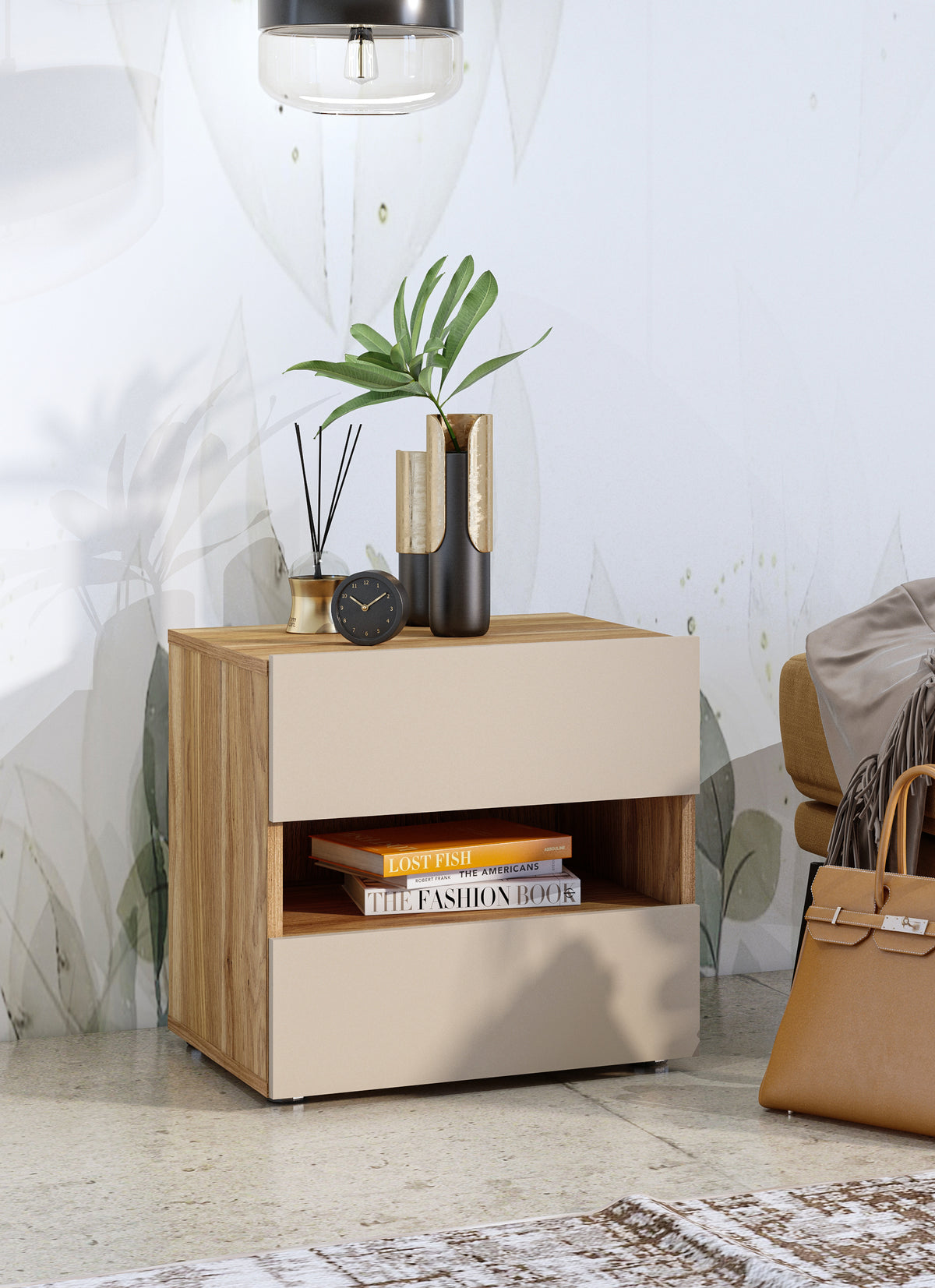 Bedside table with beige drawer fronts, open shelf, and wood-grain frame