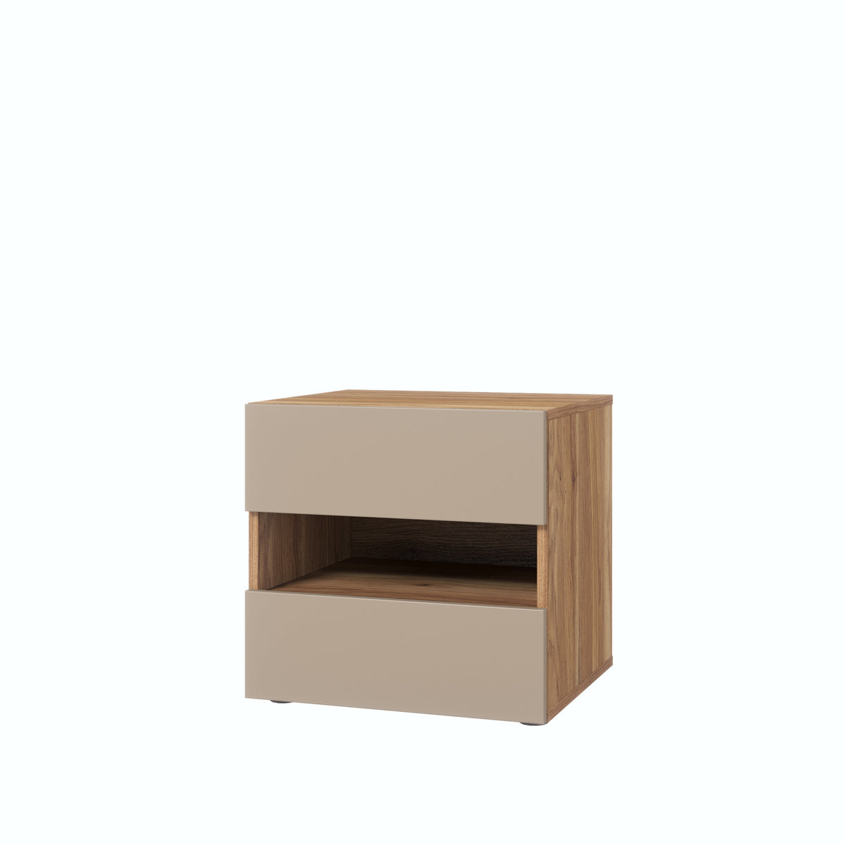Wood and beige bedside table with two stacked drawers and open compartment