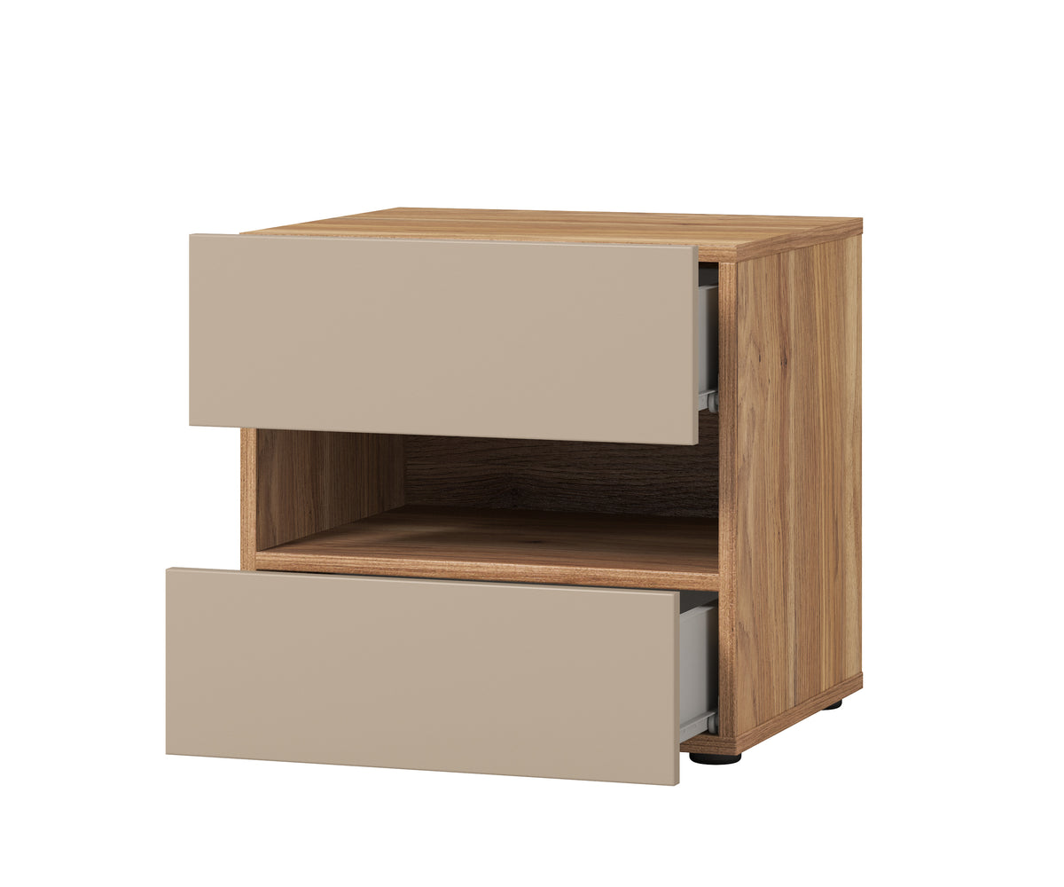 Bedside table corner view with two drawers, wood-grain sides, and open shelf