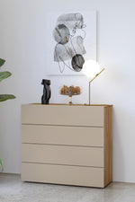 Light beige chest of drawers with four horizontal drawers and wood side panels
