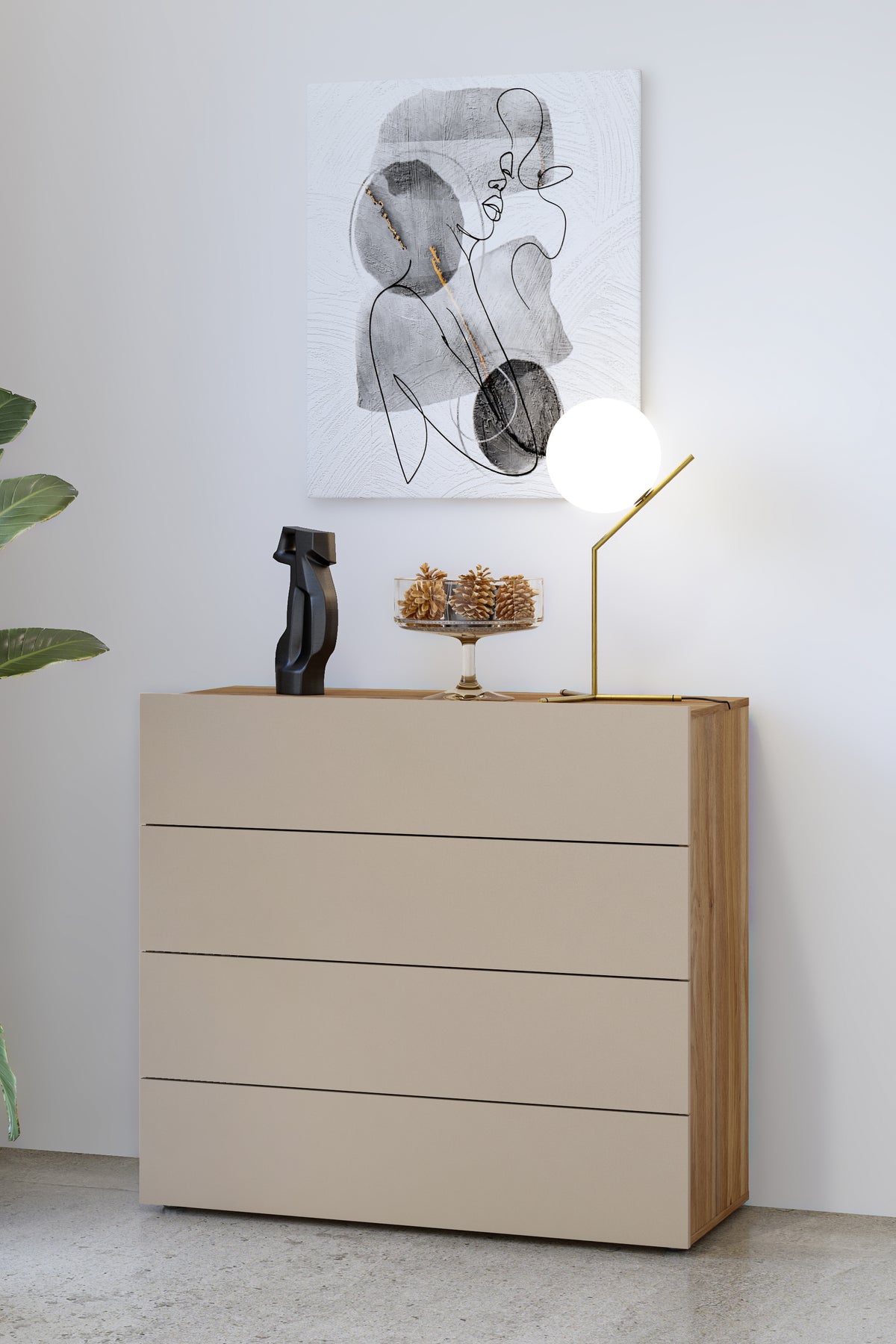 Light beige chest of drawers with four horizontal drawers and wood side panels