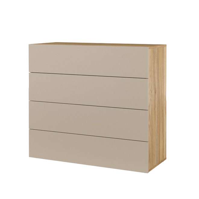 Four-drawer beige chest with wood-finish sides and horizontal drawer fronts
