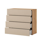 Wood and beige chest of drawers, side view with open drawer compartments