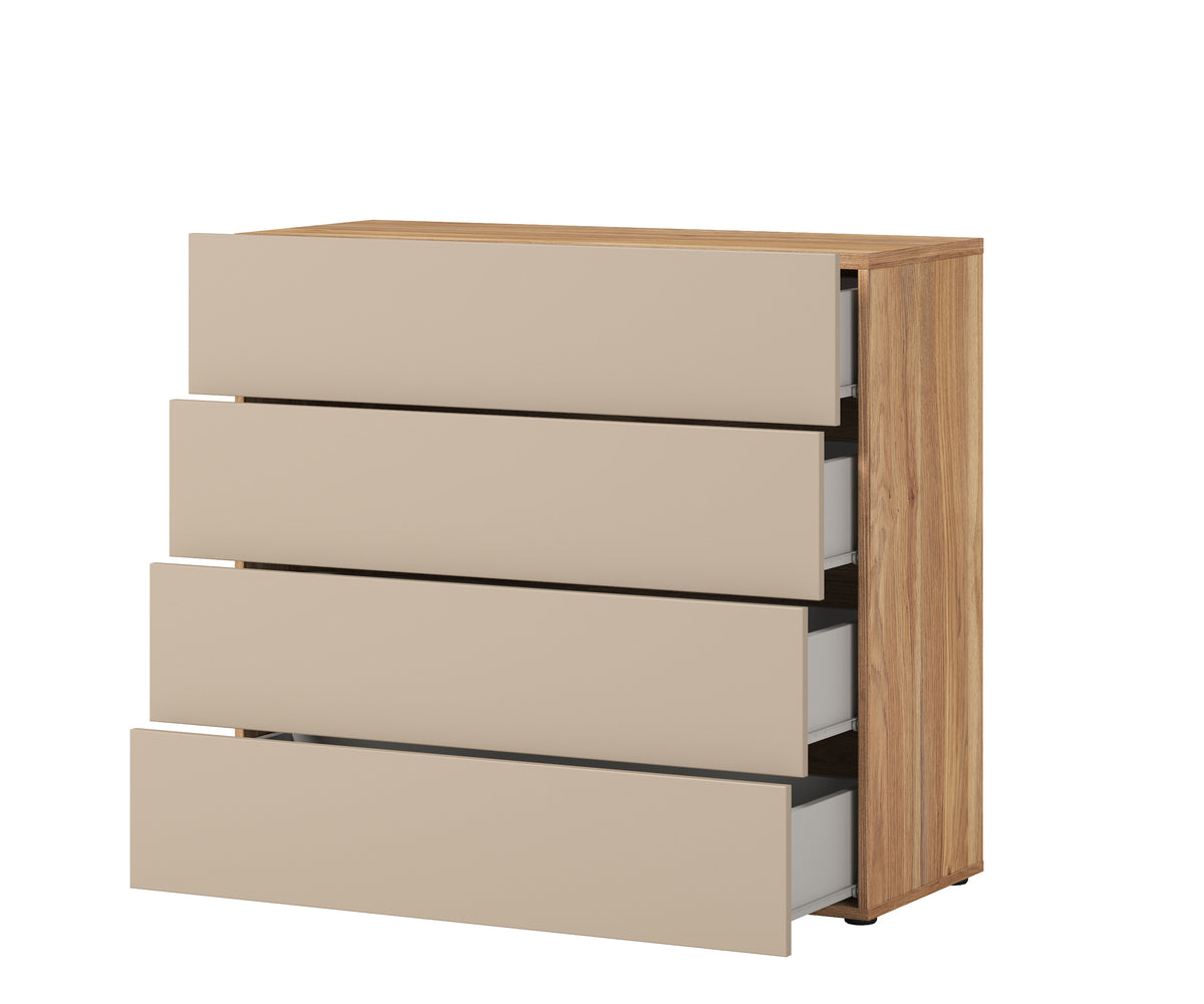 Wood and beige chest of drawers, side view with open drawer compartments