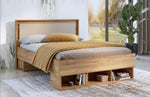 Wooden bed frame with drawers and open under-bed storage compartments