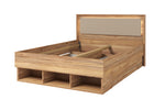 Wooden bed frame with open drawers and slatted base section
