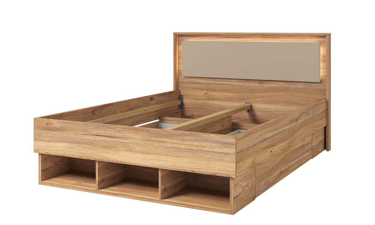 Wooden bed frame with open drawers and slatted base section