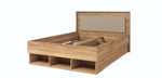 Wooden bed frame with drawers, storage bins pulled out on the side