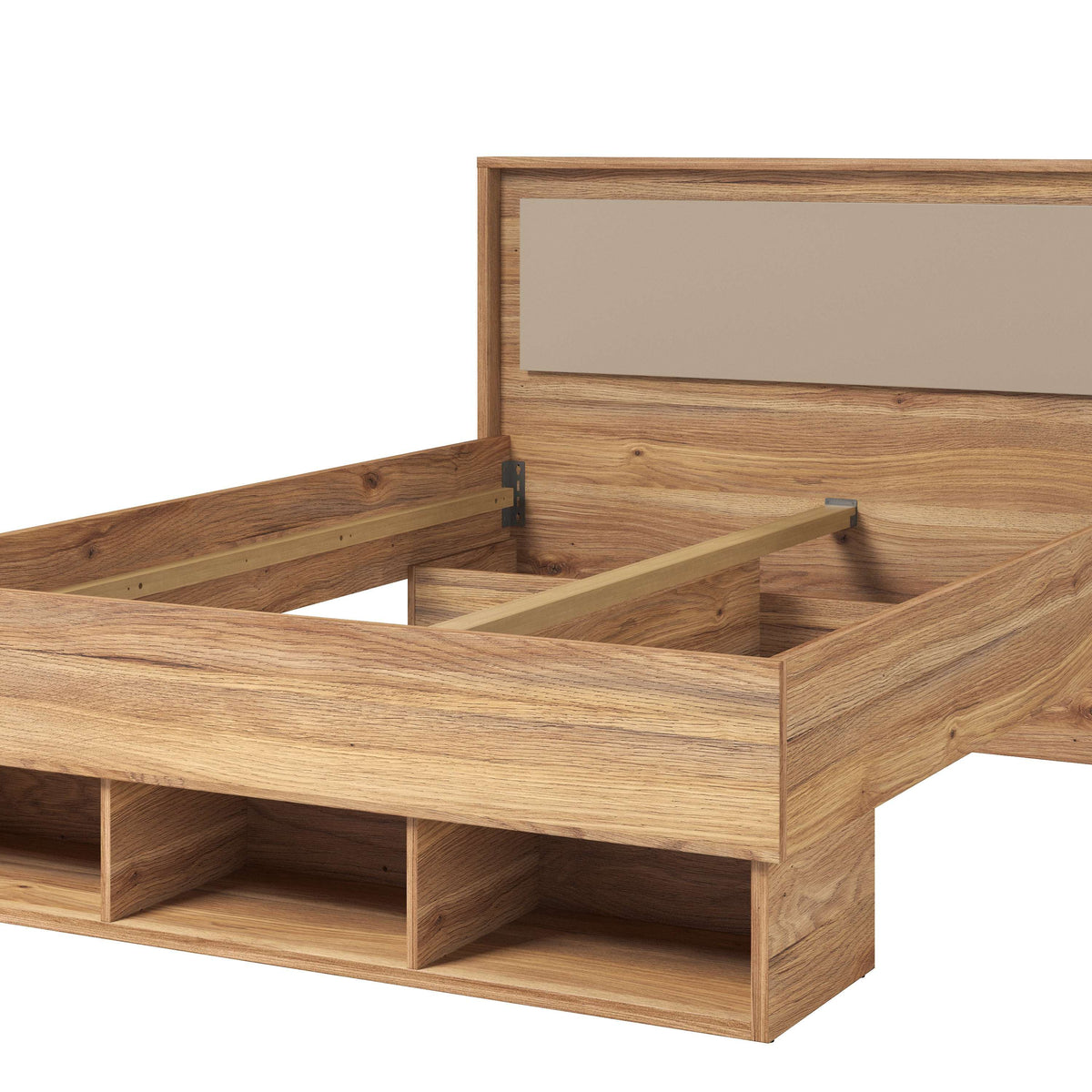 Wooden bed frame with open drawer fronts and central storage divider