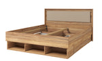 Wooden bed frame with drawers showing multiple open storage sections