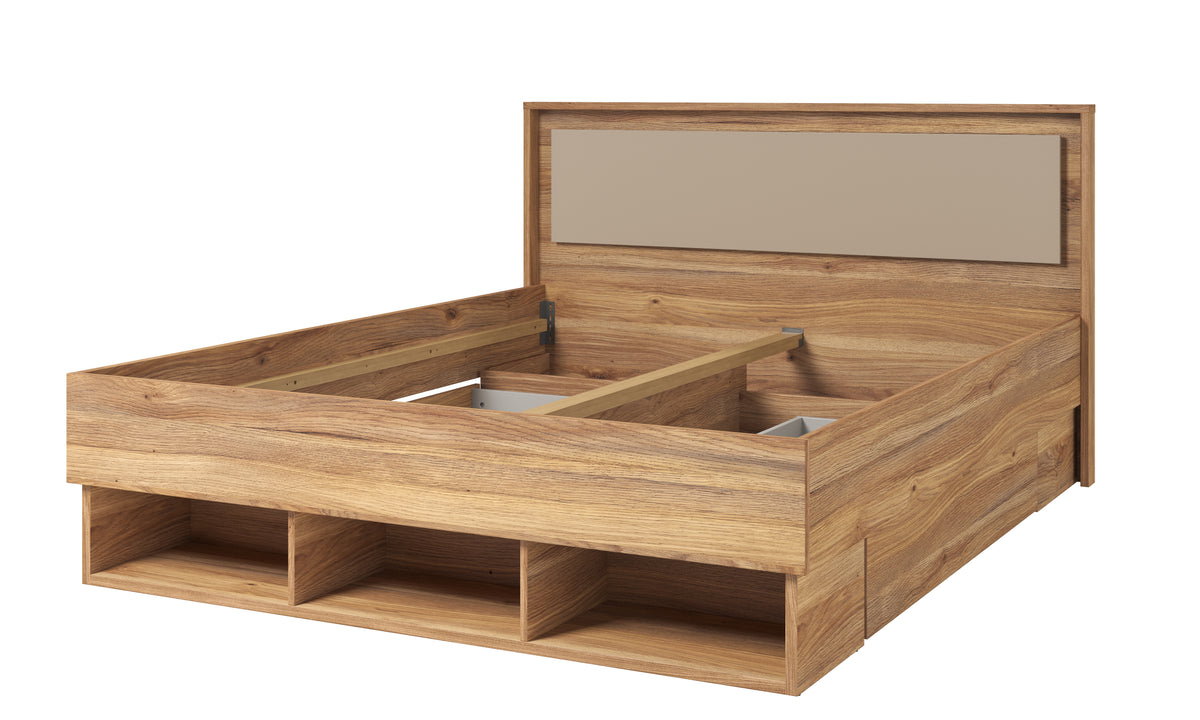 Wooden bed frame with drawers showing multiple open storage sections