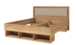 Wooden bed frame with drawers and open storage bins on the side