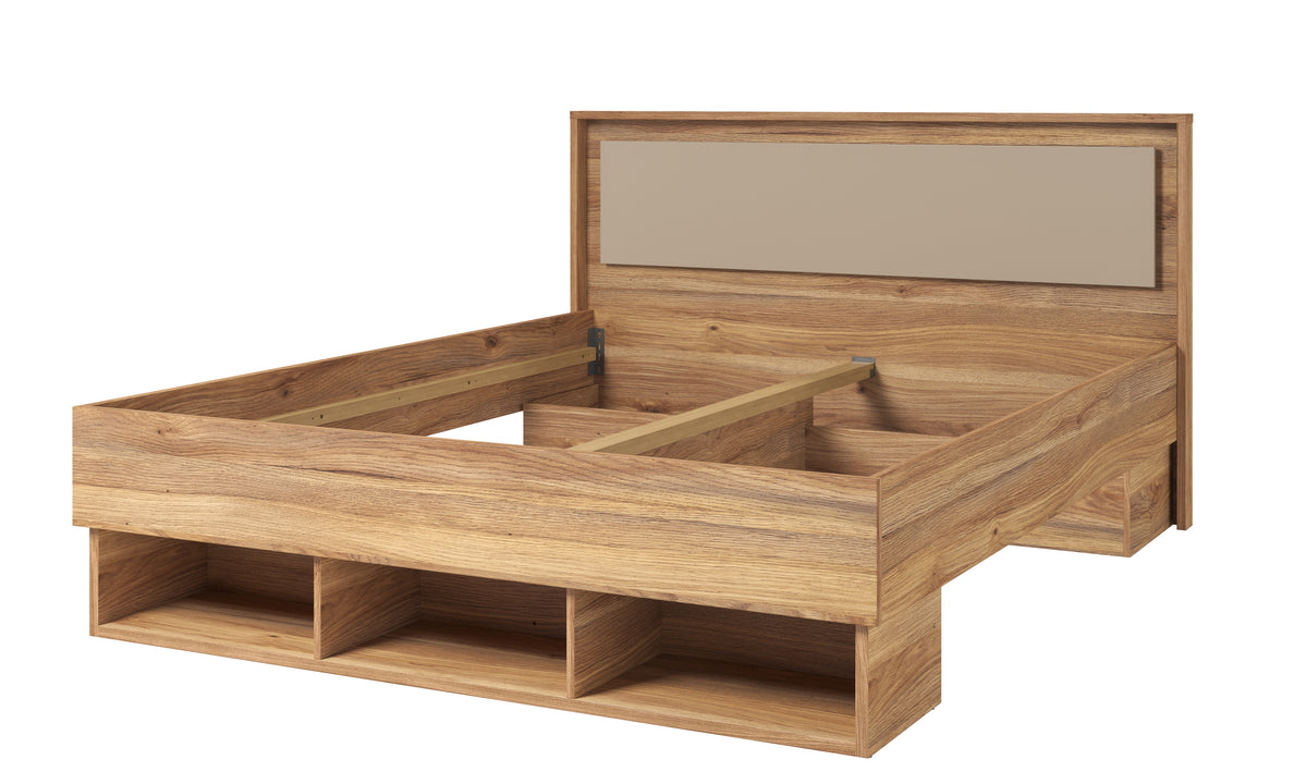 Wooden bed frame with drawers and open storage bins on the side