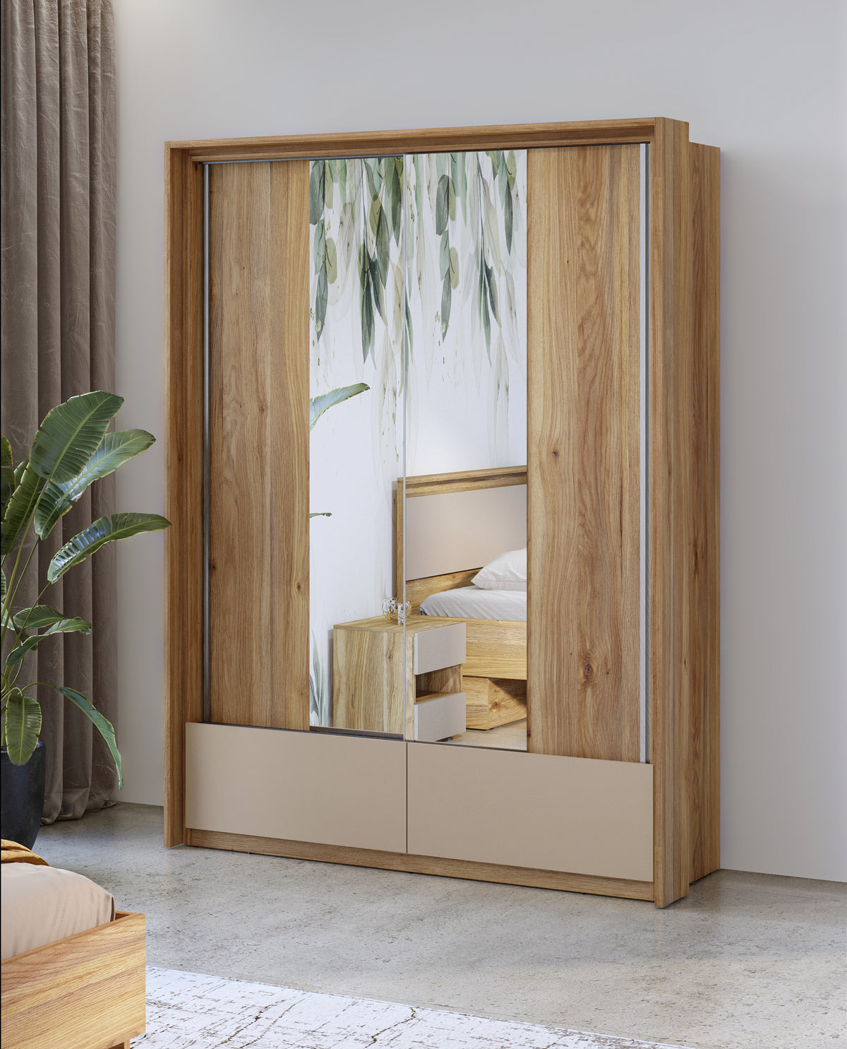 Sliding door wardrobe with mirrored doors and two base drawers, light oak frame