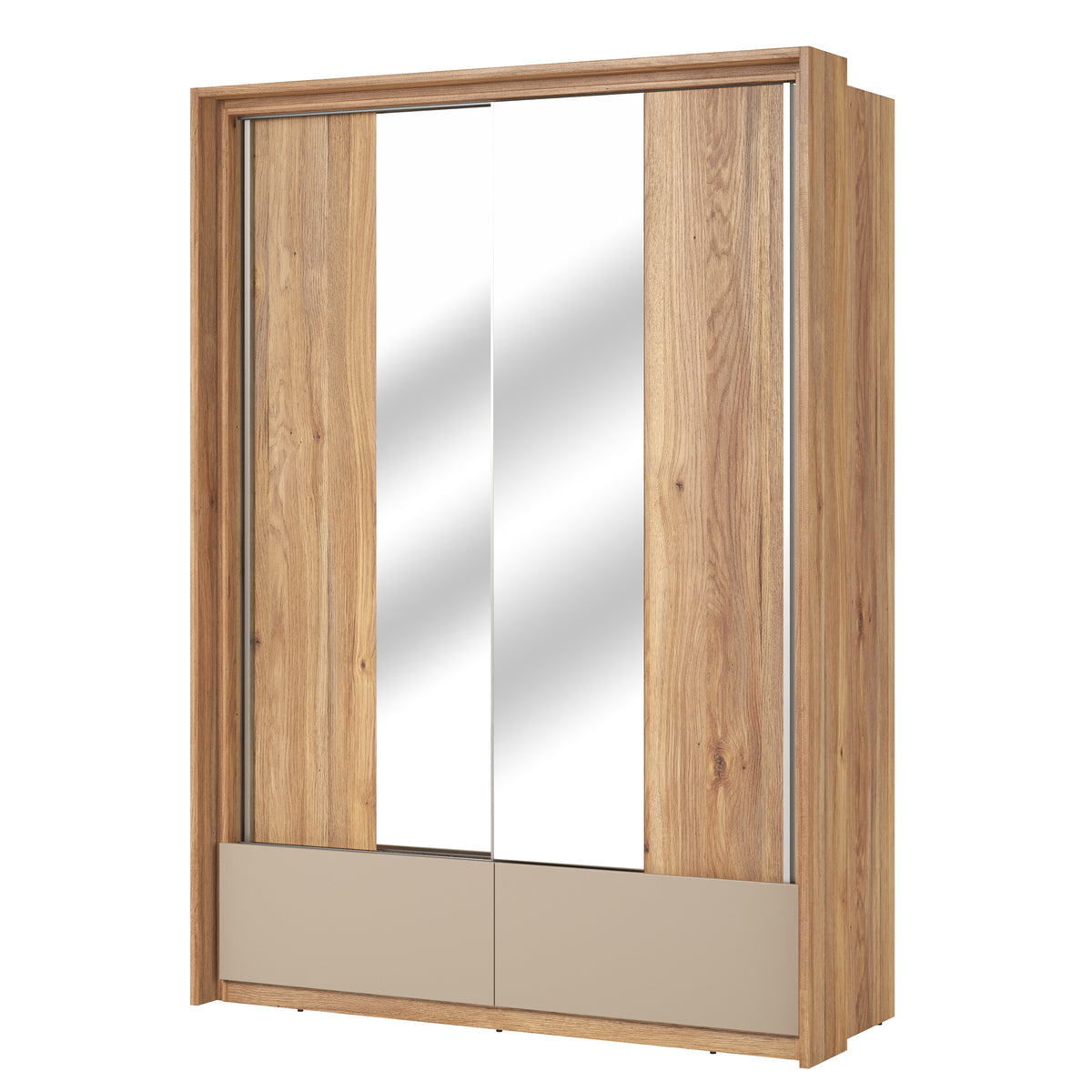 Sliding door wardrobe with three mirrored panels and two bottom drawers, light oak
