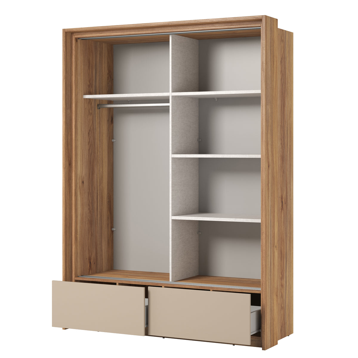 Sliding door wardrobe with open shelves, hanging rail, and two lower drawers, light oak