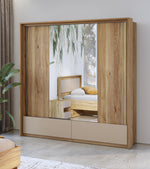 Sliding door wardrobe with mirrored sliding doors and two lower drawers, light oak