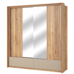 Sliding door wardrobe with three mirrored sliding panels and base drawers, light oak