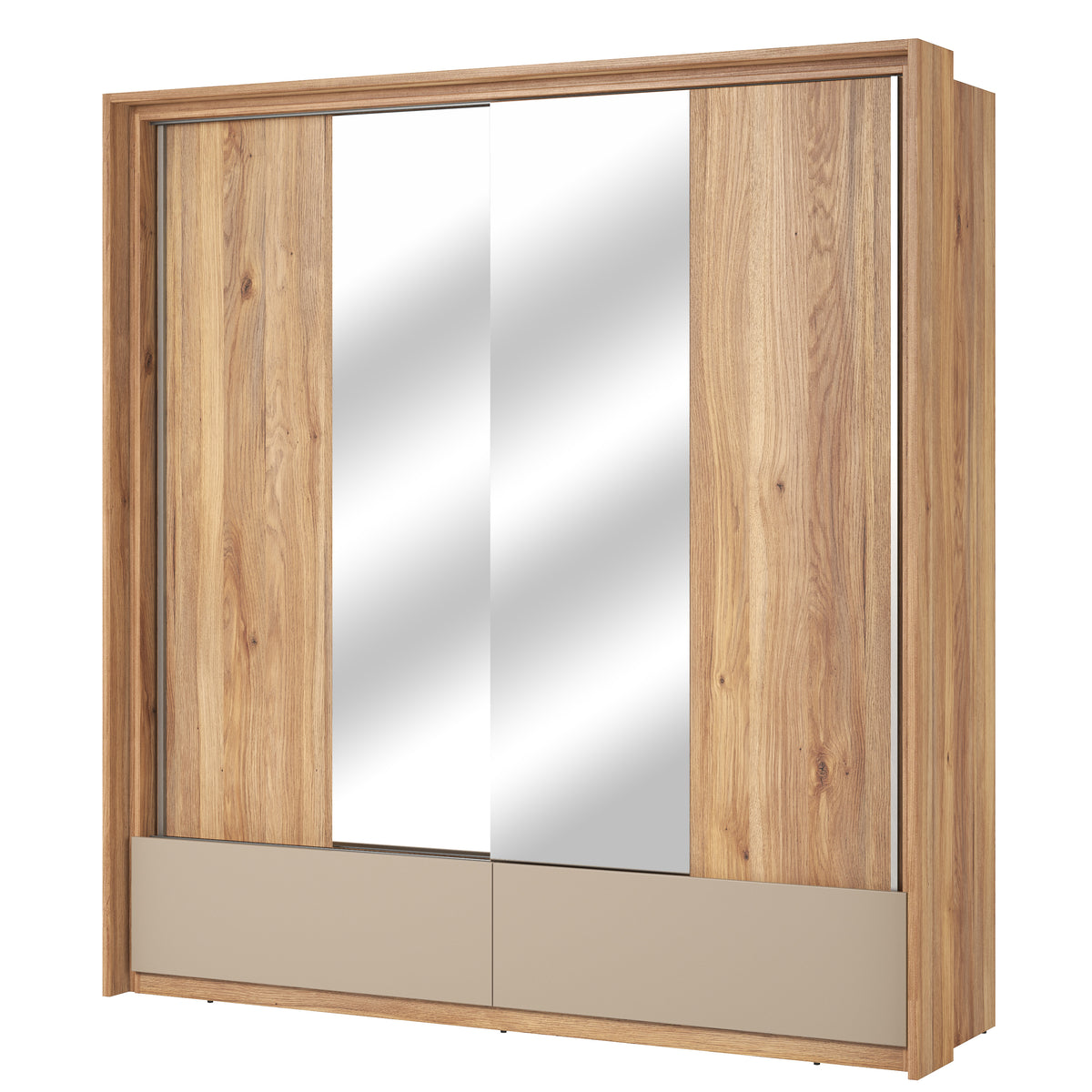 Sliding door wardrobe with three mirrored sliding panels and base drawers, light oak