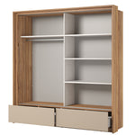 Sliding door wardrobe with open storage shelves, hanging rail, and two base drawers, light oak
