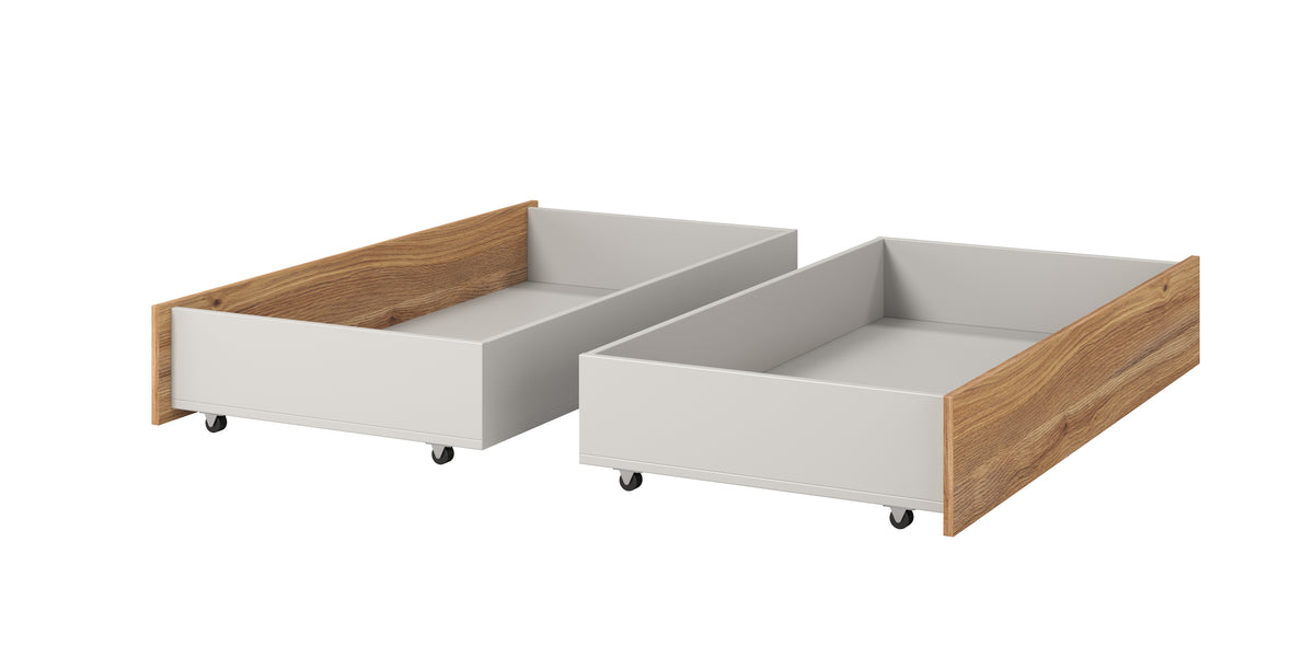 Wooden bed drawers with gray fabric bins and two pull-out storage compartments