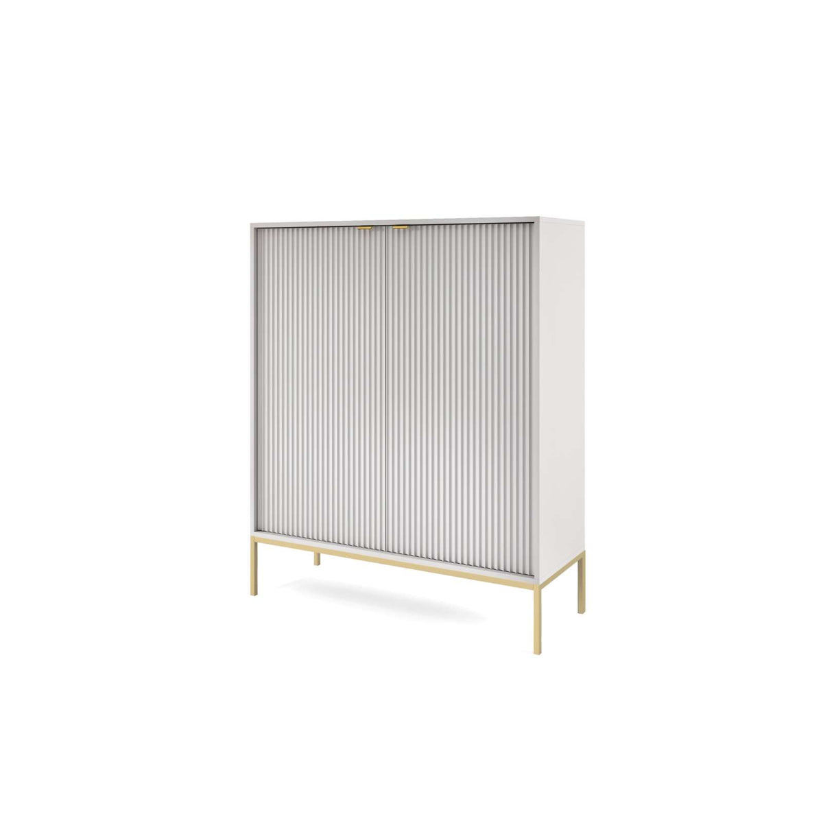 2-door highboard cabinet with vertical ribbed doors and gold-tone legs, white frame