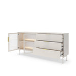 Light cashmere sideboard with open glass cabinet and three drawers