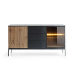 Black and oak sideboard with slatted panel, two drawers, and a glass-front cabinet