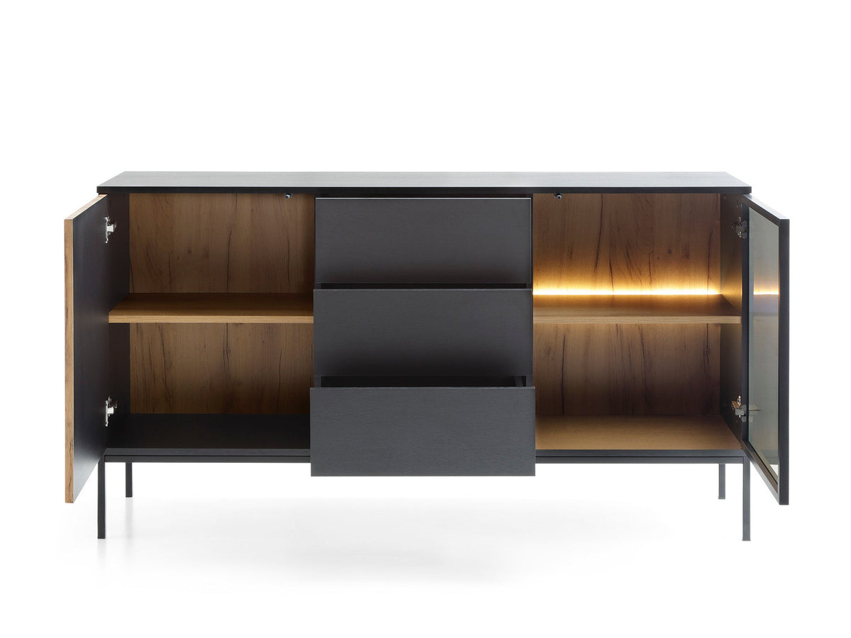 Black and oak sideboard with open storage, central drawer, and side cabinets