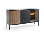 Black and oak sideboard with slatted door panel and glass-front cabinet