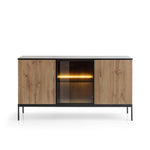 Black sideboard cabinet with three doors and vertical slat panels, lit glass interior