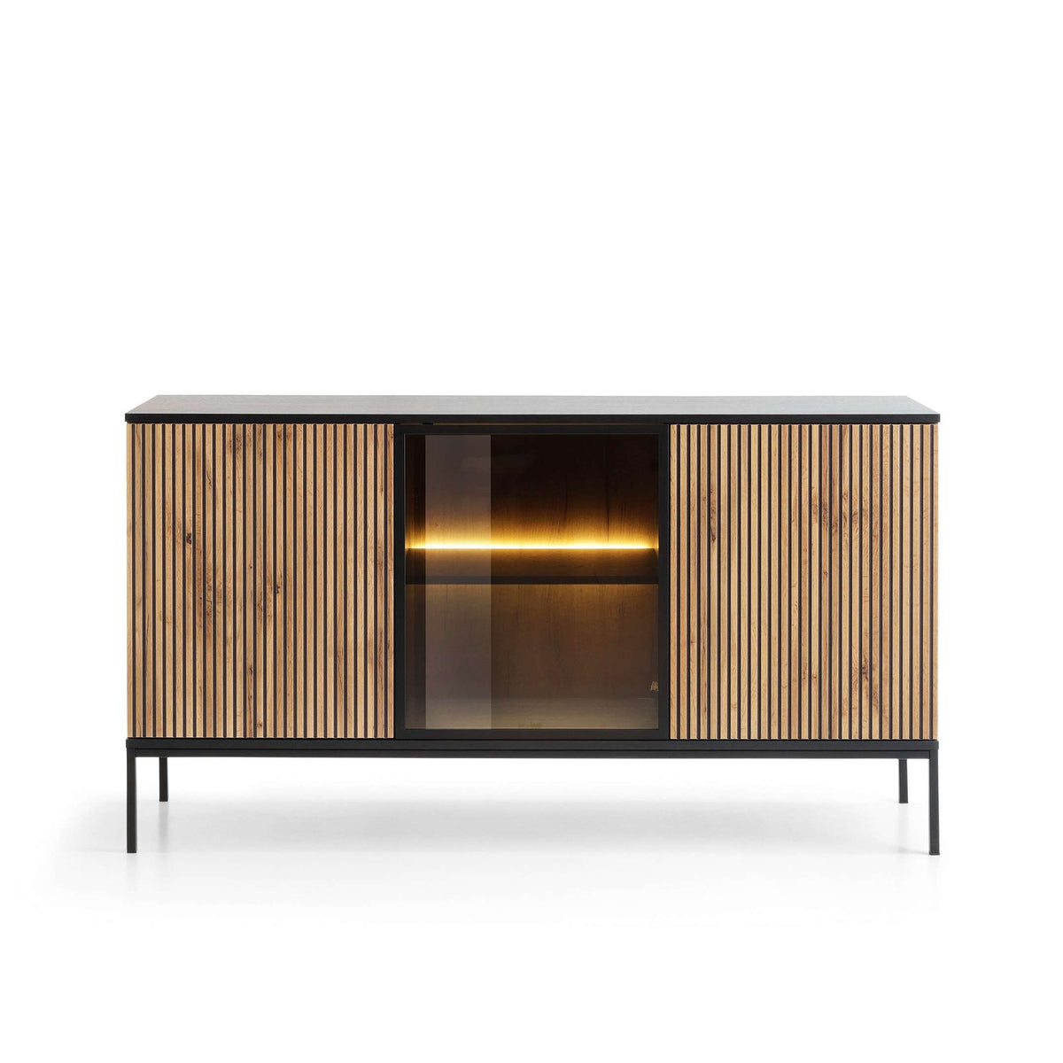 Black sideboard cabinet with three doors and vertical slat panels, lit glass interior