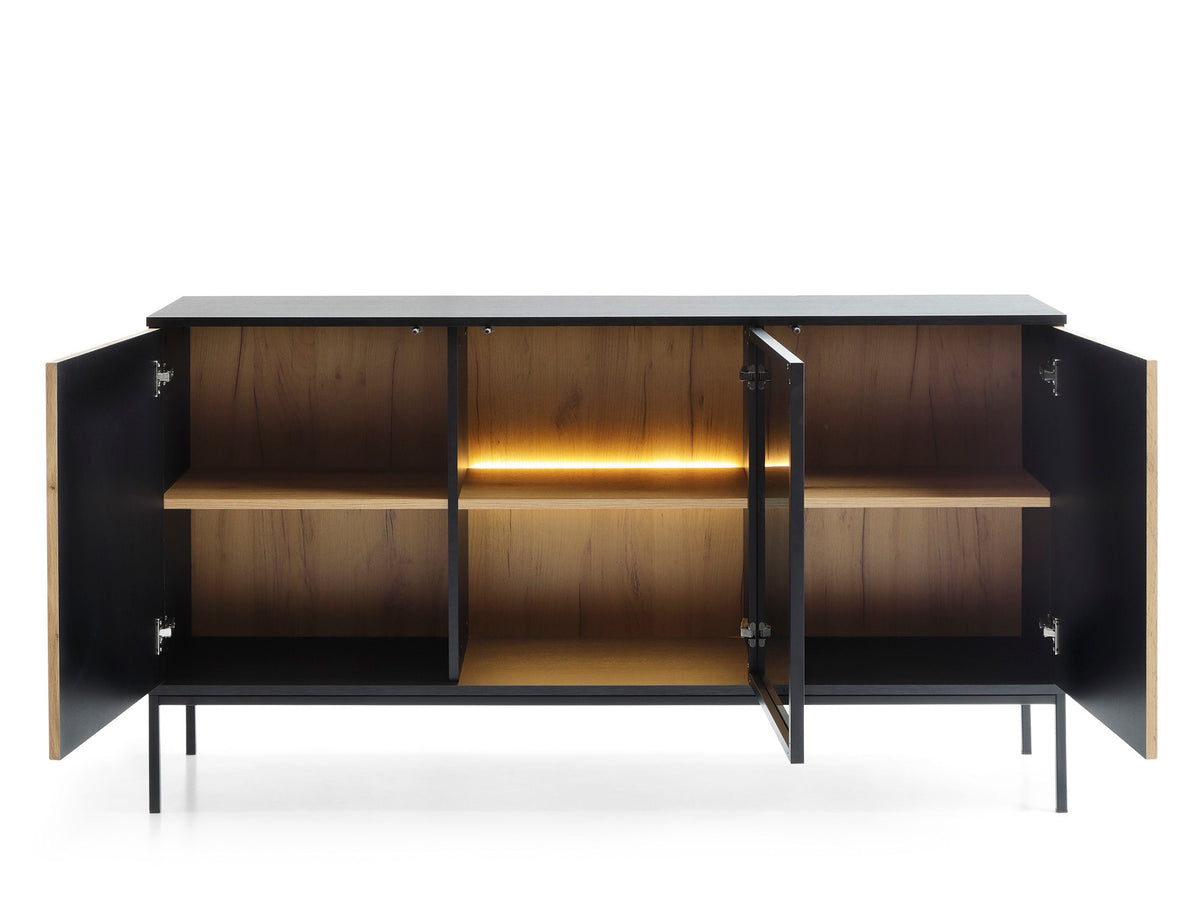Black sideboard with three doors open, showing shelves and warm-lit central cabinet