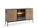 Black sideboard with two slat doors and glass center display, warm interior light