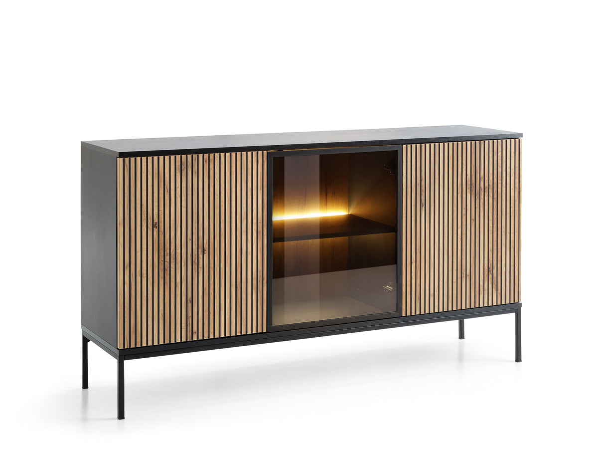 Black sideboard with two slat doors and glass center display, warm interior light