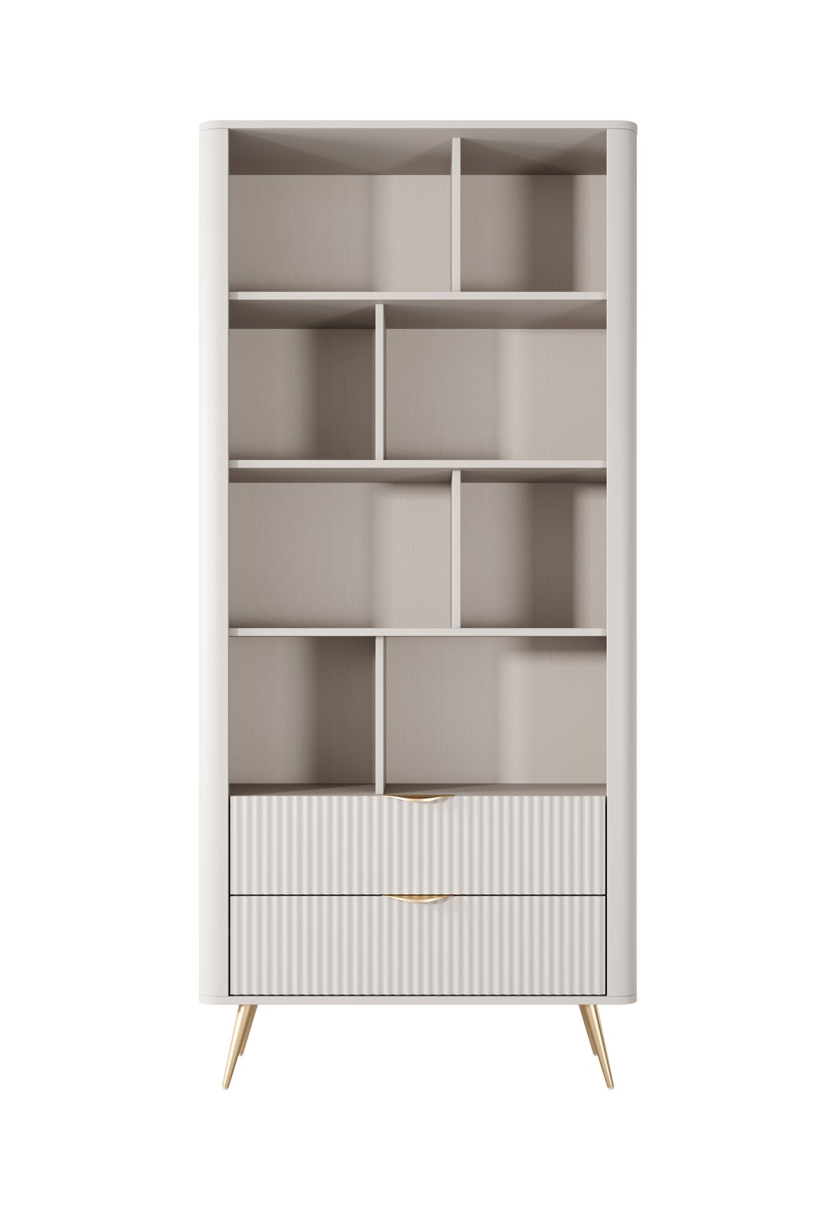 White/beige bookcase with open cubby shelves and ribbed lower cabinet section