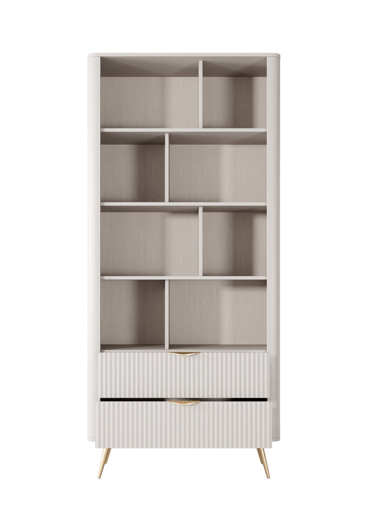 Light beige bookcase with open shelves and ribbed lower cabinet with gold pull